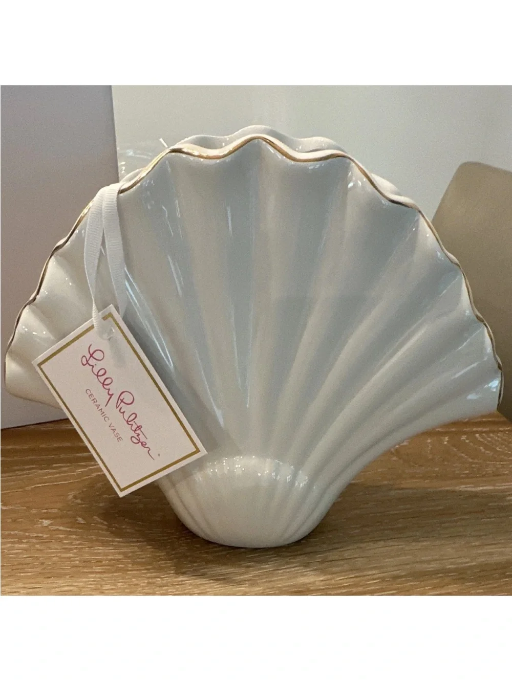 Lilly Pulitzer White Ceramic Shell Vase with Gold Trim